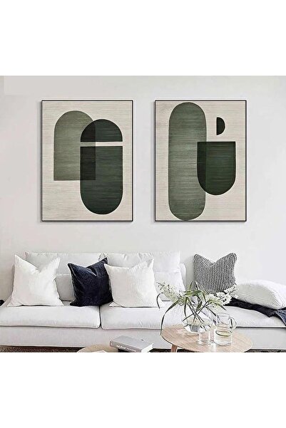 Linacci İkili Siyah Metal Çerçeveli Yeşil Krem Poster Cam Tablo Seti