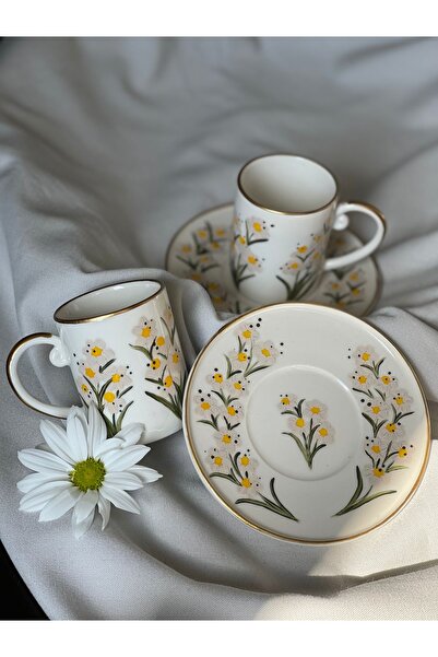 Store Daisy Flower Themed Hand Painted Coffee Cup - Turkish Coffee Cup (1 Piece)