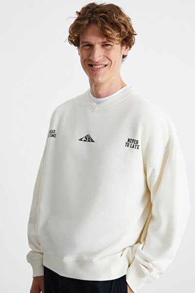 GRIMELANGE Pánská mikina Yanis se 3 vlákny ze 100% organické bavlny s výstřihem do V Ecru