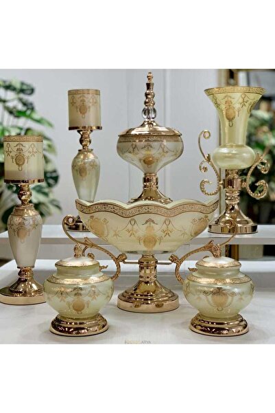 LOKMAN ZÜCCACİYE 7 PARÇA KREM- GOLD DETAYLI LÜX CAM SALON & KONSOL  AKSESUAR ...