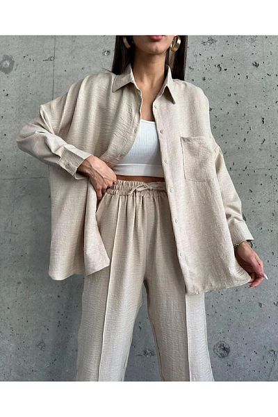 ZoeFlower Damen-Set aus Hemd und Hose aus Leinen – Kordelzug-Design