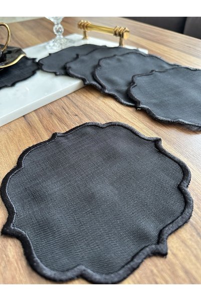 Nurhanhome 6 Pieces Black Color Linen Fabric Coffee Side Cocktail Presentation Napkin with Black Embroidery on the Edges