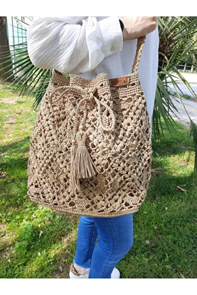 ZÜMAL Straw Colored Women's Shoulder Bag - Hand Knitted and Paper Thread
