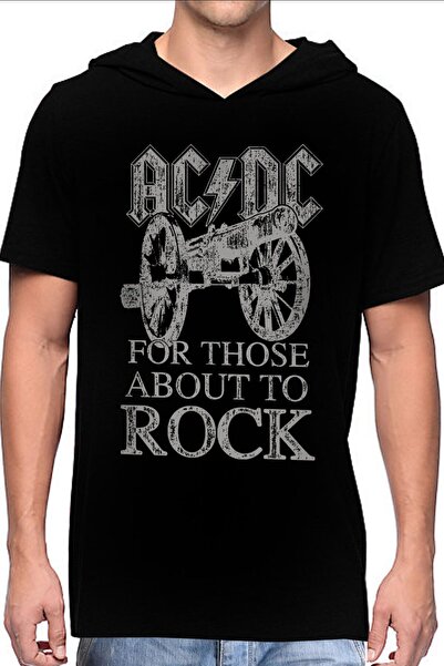 ROCKANDROLL Tricou pentru bărbați Top Acdc Rock, negru, cu glugă și mânecă sc...