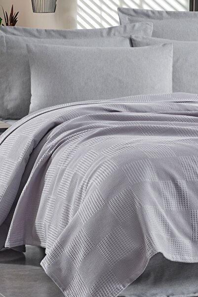 Enlora Home Plain Düz Renk Pike Örtü Tek Kişilik Açık Gri