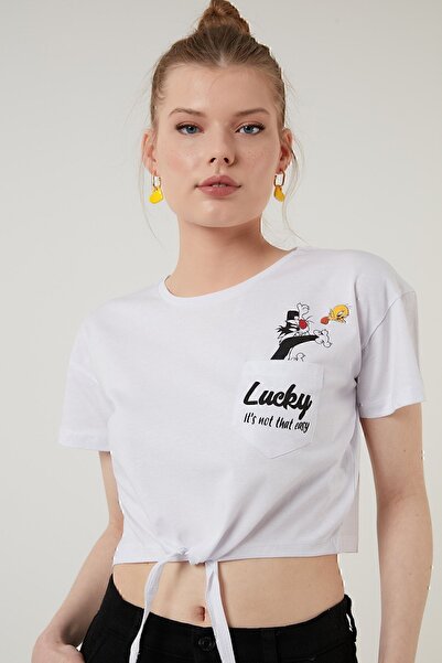 Lela Γυναικείο μπλουζάκι με στάμπα με λαιμόκοψη με λεπτομέρεια 100% βαμβακερό μπλουζάκι 5411097