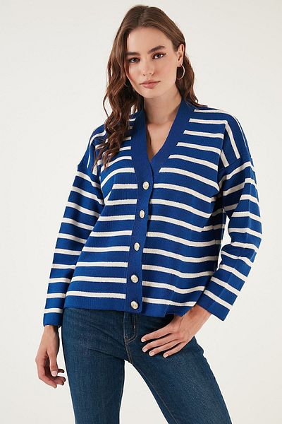 Lela Cardigan tricotat cu nasturi, cu decolteu în V, cu dungi CARDIGAN 4615182