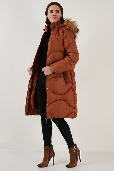 Lela Quilted Winter Long Coat with Faux Fur Collar and Removable Hood