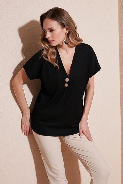 Lela Λεπτομερής μπλούζα με κουμπιά V-Neck BLUZ5865567