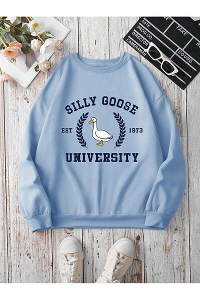 MODARİCH Hanorac oversize Silly Goose cu imprimeu albastru baby - iarnă groasă, decolteu ridicat