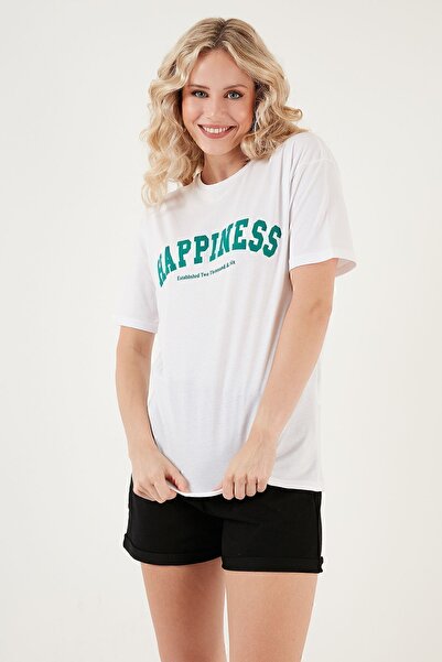 Lela Τυπωμένο βαμβακερό μπλουζάκι με λαιμόκοψη T-SHIRT 541HAPPINESS