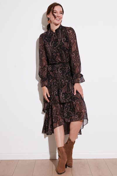 Lela Regular Fit Collar Detailed Flounce Chiffon Midi Dress DRESS 611EL1448