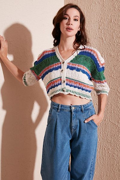 Lela Colorful V-Neck Openwork Crop Cardigan CARDIGAN 6071583