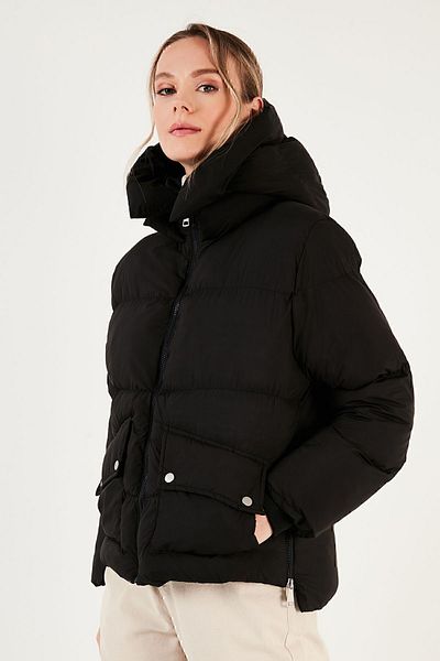 Lela Palton puf cu glugă, cu fermoar, cu detaliu, haină pentru femei 497pearl
