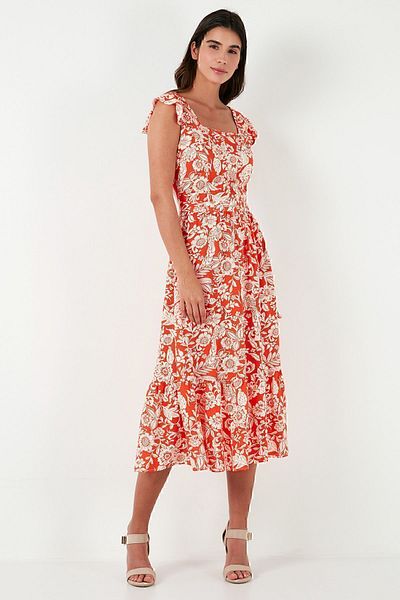 Lela Patterned Regular Fit Square Collar Flounce Midi Dress DRESS 611EL501