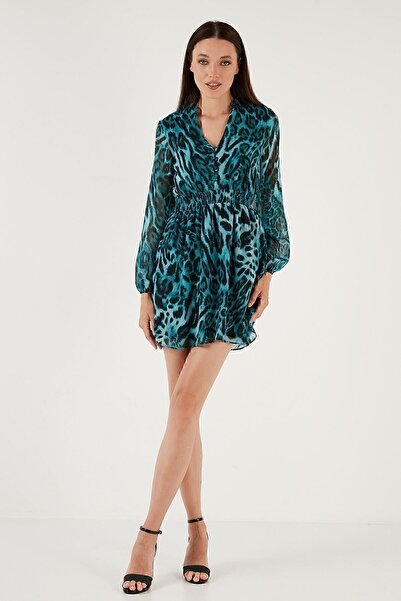 Lela V Yaka Regular Fit Gipeli Düğme Detaylı Şifon Mini Elbise ELBİSE 611EL01433