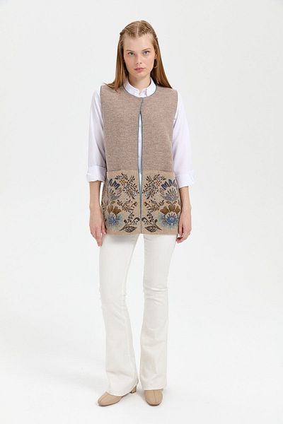 Desen Triko Women's Knitwear Open Front Araboy Wool Vest K.Beige