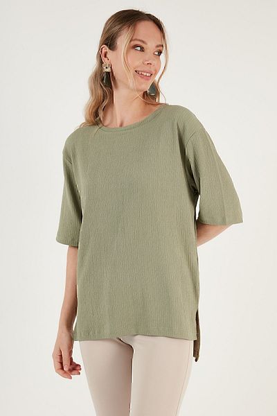 Lela Crew Neck Slit Detailed Wrapped Fabric Blouse BLUZ5865365