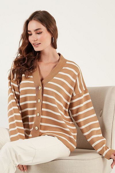 Lela Striped V-Neck Buttoned Knitwear Cardigan CARDIGAN 4615182