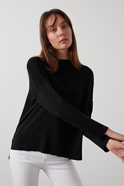 Lela Pulover de damă, negru, cu spatele lung, din bumbac, cu guler înalt 4615002