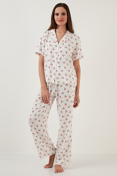 Lela Set de pijama cu mânecă scurtă, cu croială confortabilă, picior lat, cu guler mono, Set pijama 6110290