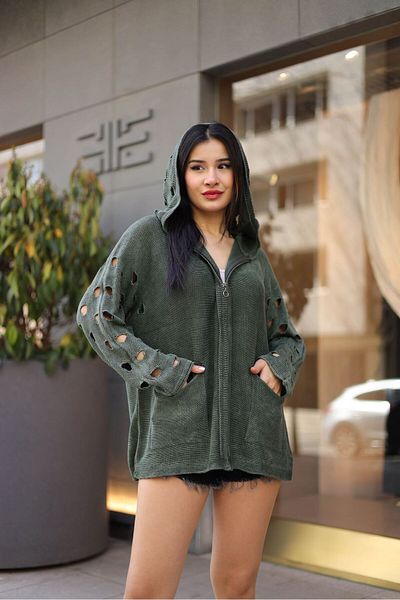 AYASOFYA OTANTIK Women's Khaki Knitwear Jacket - Hooded, Zippered and Pocketed, Loose Cotton, Split Detailed Long Cardigan