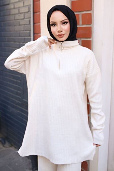 benguen 3062 Model Ecru Corded Knitwear Set - Zipper Detailed