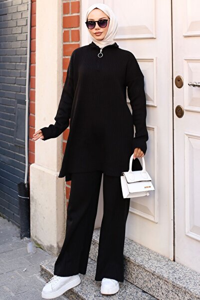 benguen Corded Knitwear Set 3062 - Black, Zipper Detailed