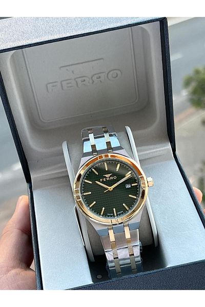 FERRO 30 Mt Water Resistant Men's Wristwatch - Steel Cord, Calendar Dial, Ef40122-D6
