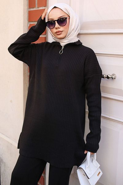 benguen Corded Knitwear Set 3062 - Black, Zipper Detailed