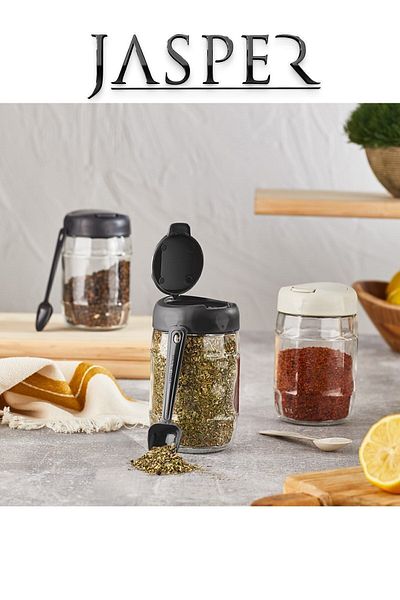 JASPER JPR-0102 6 Pieces 370mm Multi-Purpose Glass Salt Bowl with Spoon and Opening Lid Pepper Shakers Spice Set