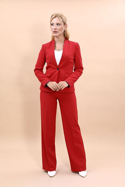 ÖNDER ÖZSOY Collarless Single Button Jacket & Wide Leg Pants Set-Red
