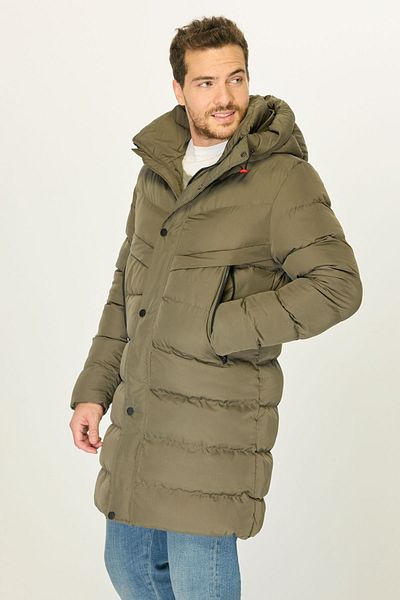 D1fference Khaki Puffer Parka – pánský dlouhý zimní kabát s kapucí, větruodolný, vlákny