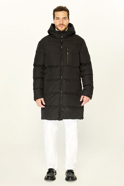D1fference Schwarzer Puffer-Parka für Herren – mit Kapuze, Faserfüllung, winddichter Mantel