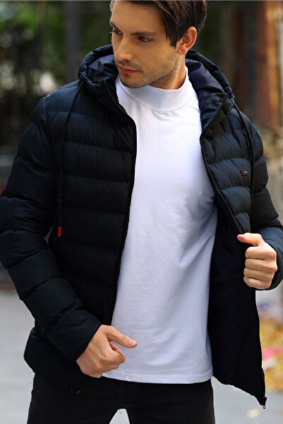 QAWWA Ανδρικά χειμωνιάτικα φουσκωτά παλτό με αντιανεμική κουκούλα με μπλέ Navy επένδυση