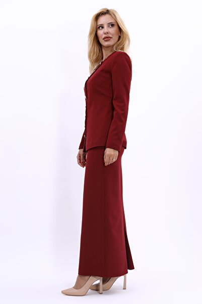 ÖNDER ÖZSOY Boydan Düğmeli Kemerli Ceket  & Uzun Kalem Etek Takım-Bordo