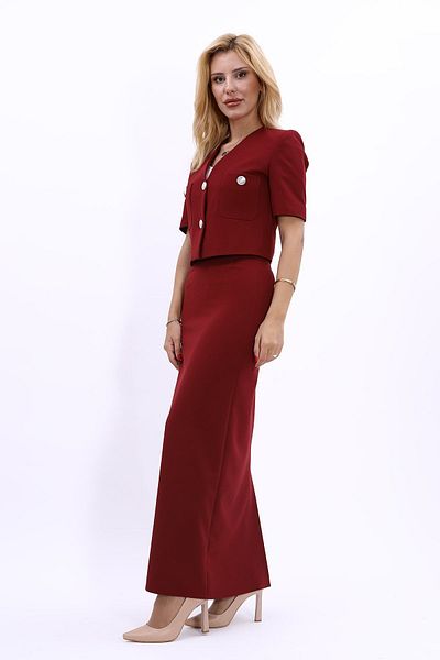 ÖNDER ÖZSOY Claret Red Mini Jacket and Long Pencil Skirt Set - Short Sleeve