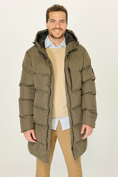 D1fference Khakifarbener Puffer-Parka für Herren – Kapuze, Faserfüllung, winddicht, langer Wintermantel