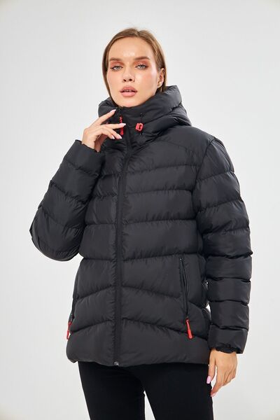 D1fference Dámské černé nafukovací zimní kabáty s kapucí a kapucí