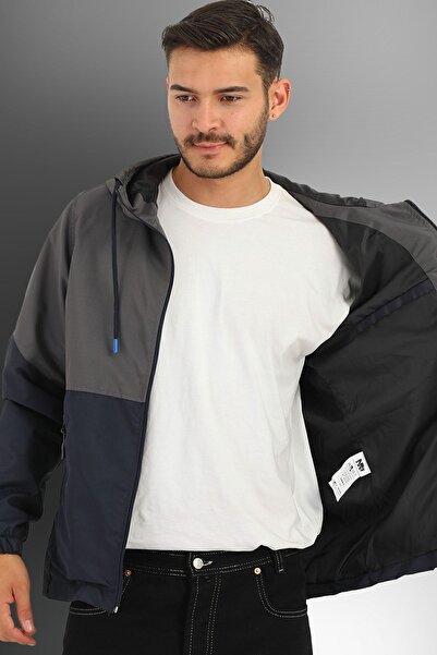 D1fference Чоловіче двокольорове спортивне пальто з вітрозахисною підкладкою та капюшоном з антрацитовим темно-синім кольором, з капюшоном