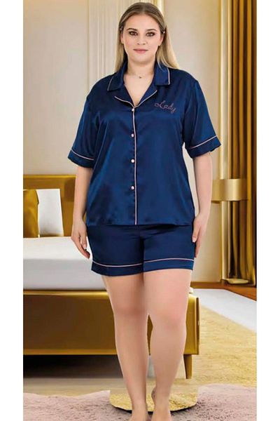 Cooqpoo 2Xl-3Xl-4Xl Size Pajamas Set with Solid Shorts in Navy Blue