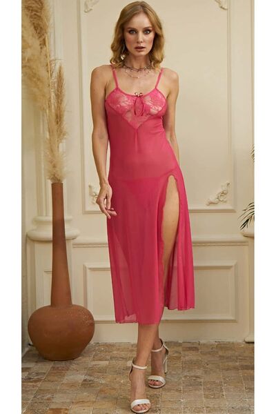 Cooqpoo Γοητευτικό νυχτικό από τούλι με λεπτές τιράντες, διαφανές ροζ σχισμέν...