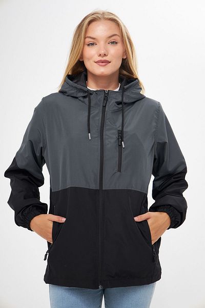 RİVERCLUP Women's Anthracite-Black Two Color Lined Windproof Hooded Raincoat with Pockets