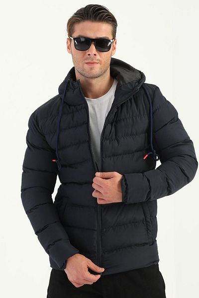 RİVERCLUP Men's Navy Blue Lined Hooded Windproof Puffer Winter Jacket