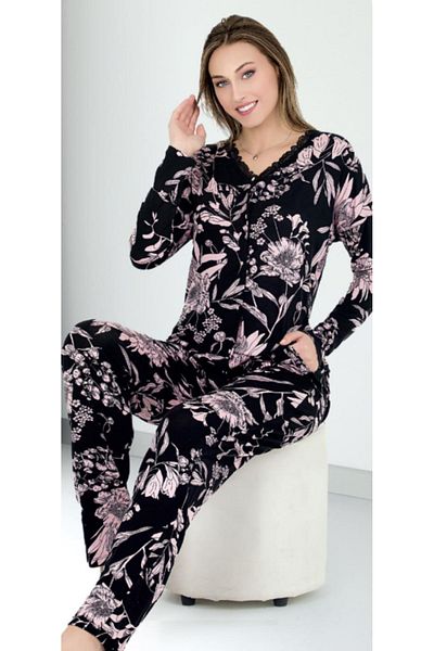 Cooqpoo Set pijamale din bumbac pieptănat M-l-xl cu flori albe pe negru