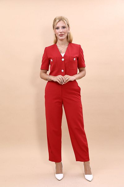 ÖNDER ÖZSOY Red Mini Jacket and Pleated Wide Leg Pants Set - Short Sleeve