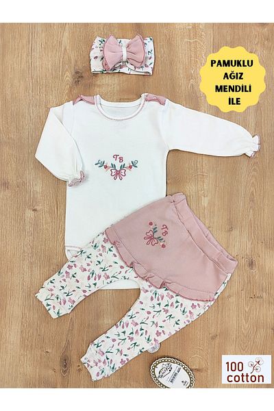 Tomuycuk Ecru Baby Girl Kids Set - 3-Piece Spring Bodysuit Long Sleeve, 3-12 Months Outfit Clothing