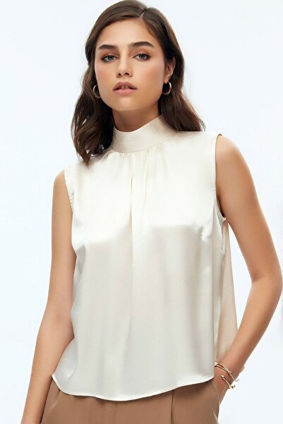 Ottawe Boyunlu Dik Yakalı Relaxed Rahat Kalıp Düğme Kapamalı Kolsuz Saten Sıf...