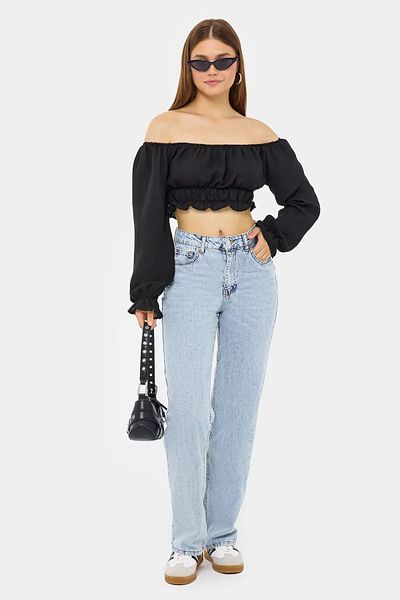 Hiccup Λινό Crop Top - Με λουράκι ώμου, μακρύ μανίκι και πλισέ λεπτομέρεια