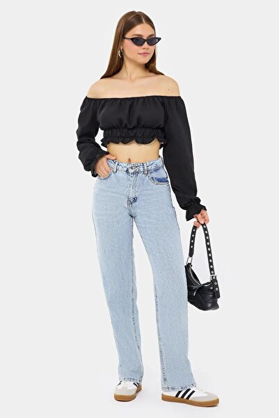 Hiccup Omuzdan Askılı Uzun Kollu ve Pileli Detaylı Keten Crop Top